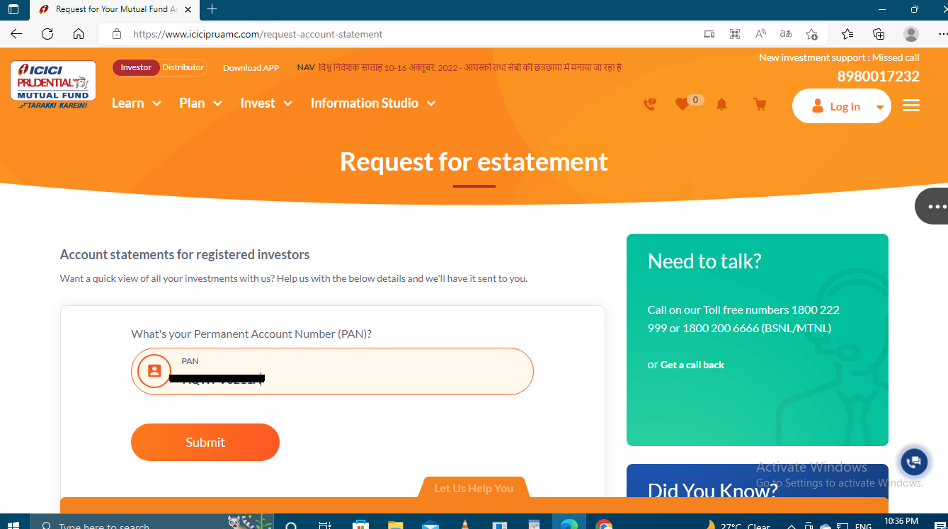 How To Request For Statement For Icici Mutual Fund M F Desk 7927